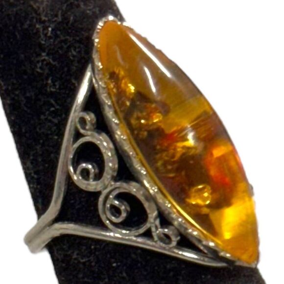 Vintage Statement Natural Baltic Amber Marquise Ring Ornate Silver Filigree Sz6 - Picture 1 of 10